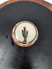 Mexican Tonala Pottery Round Covered Trinket Dish Green Cactus Hand Painted S.G