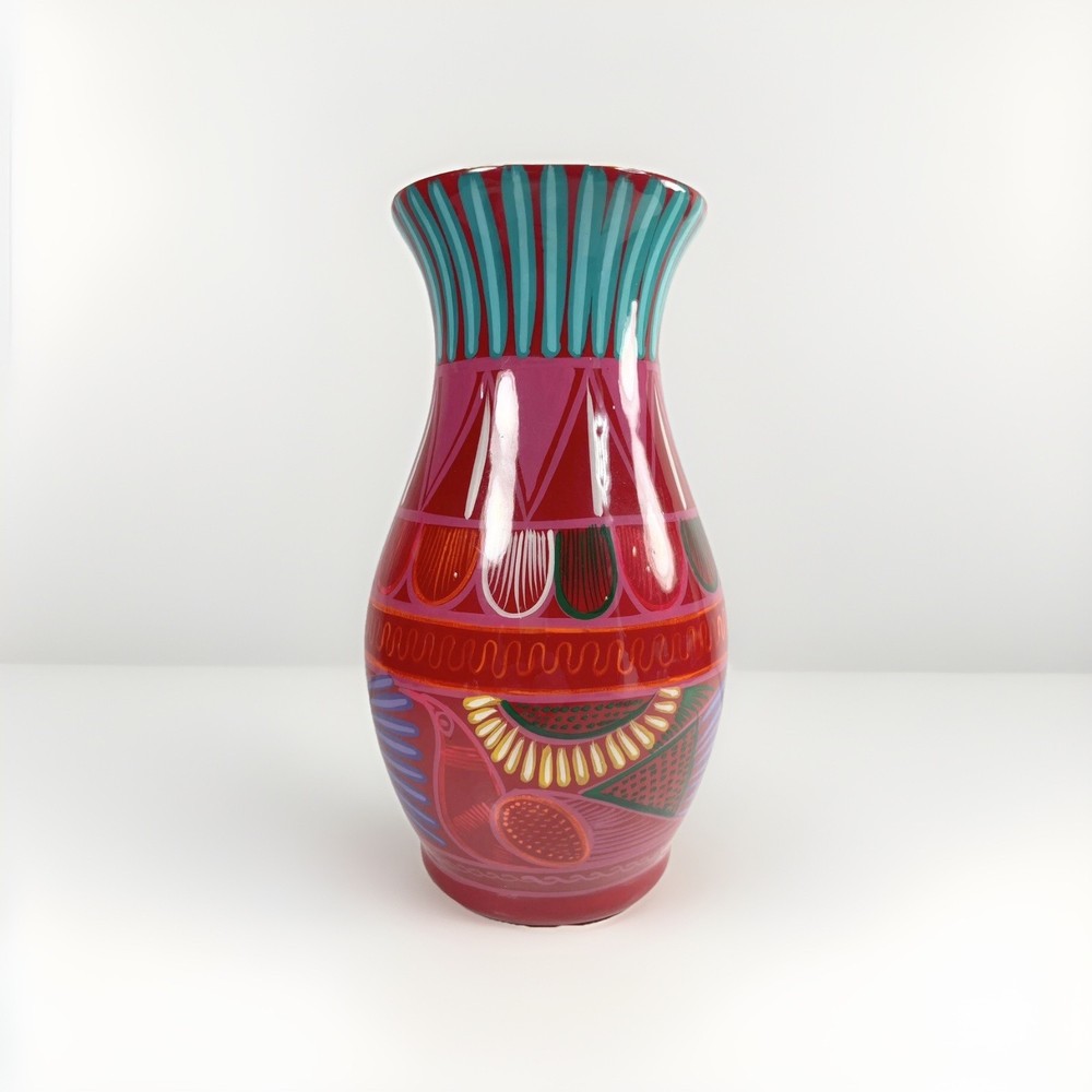 mexican pottery Colorful Bird Vase Red 8” Tall Classic Shape Bright Colors