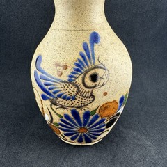 VINTAGE Tonala Mexican Folk Art Sandstone Pottery Bird Floral Vase Signed 6”