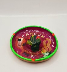 VTG Red Clay Pottery Hat Shape Ashtray Purple Green Cancun Mexico Sombrero 4″D