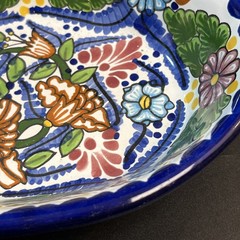 Bright Vtg Mexican Talavera Salsa Serving Bowl Hand Painted Floral 9″ Folk Art