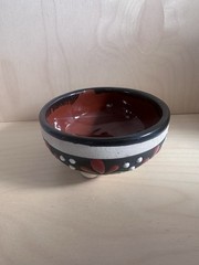 Vintage Mexican Folk Art Tripod Pottery Bowl Hand Painted Black Red Green