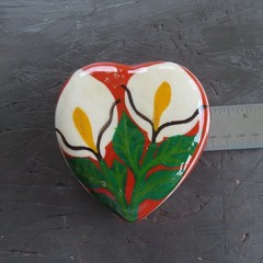 Mexican Pottery Trinket Box Heart Shape Flowers Calla Lily Hand Painted Folk Art