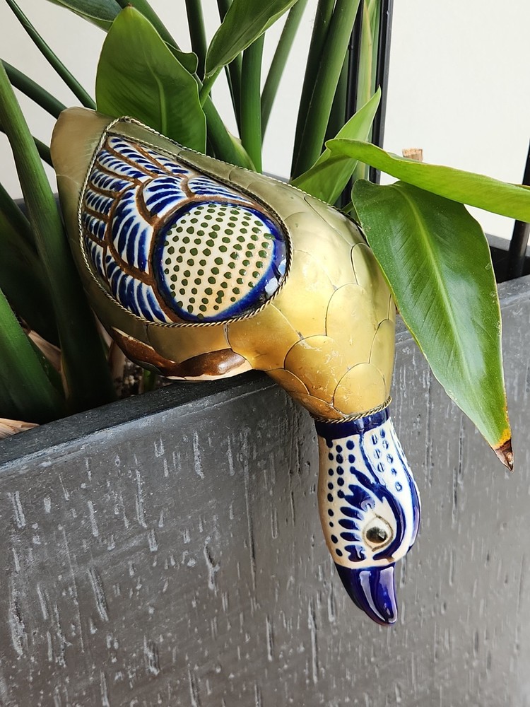 Vintage Mexican Pottery Folk Art Shelf Sitter Diving Duck Bird Armored Brass