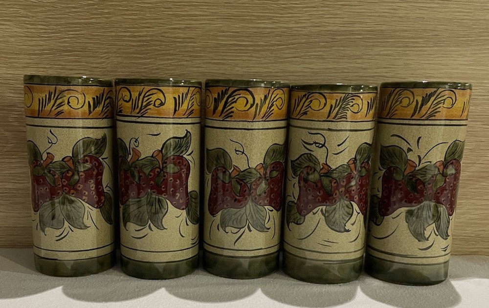 Set Of Six Mexican Pottery Tumblers /bud Vase Hand painted Floral (See Pictures