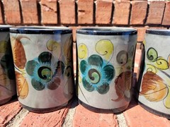 Hand Painted Mexican Pottery Mugs Sage Green With Floral Design Set of 4