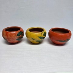 Lot of 3 Vintage Mexican Folk Art Clay Pottery Planter Pots Yellow Flowers Small