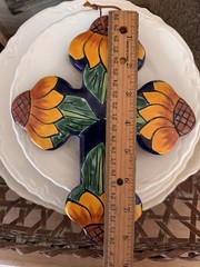 Talavera Multi Color Terra Cotta Cross Handmade in Mexico Sunflower Cobalt Blue