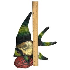 Art Pottery Fish Statue Brass Scales Hand Painted SET OF 2 Angelfish Swordfish