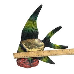 Art Pottery Fish Statue Brass Scales Hand Painted SET OF 2 Angelfish Swordfish