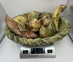 Mexican Tera Cotta Fruit Platter/Basket With 7 Fruit Pcs W/Brass Stems