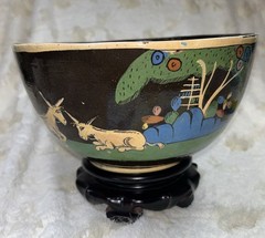 1920-40 Hand painted Black Glazed Tlaquipaqui Jalisco, Mexico 10.5” Pottery Bowl
