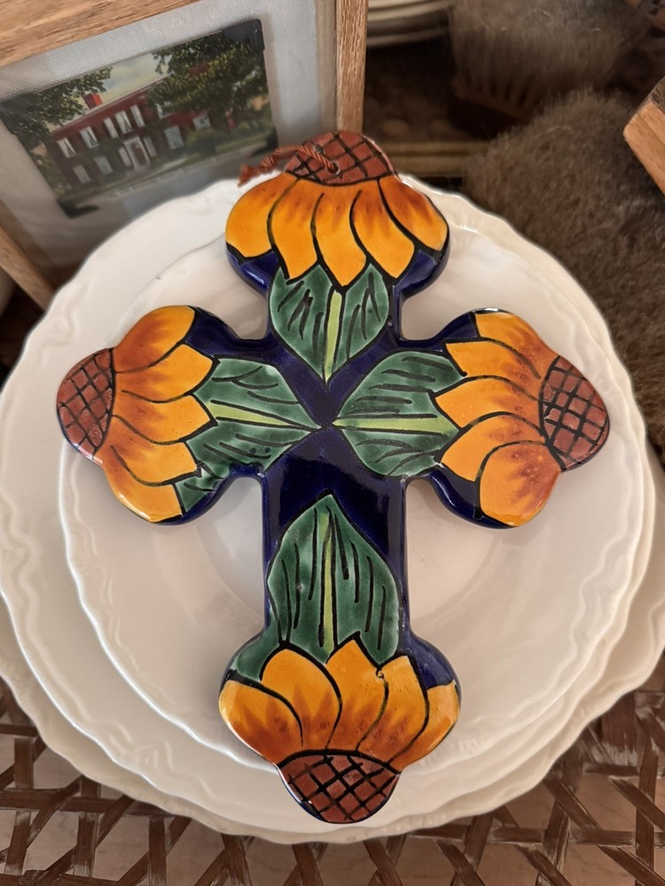 Talavera Multi Color Terra Cotta Cross Handmade in Mexico Sunflower Cobalt Blue