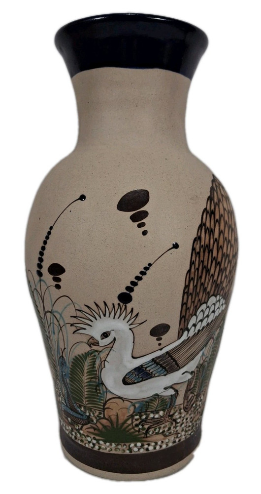 Ken Edwards Tonala stoneware pottery floor vase bird snake butterfly vintage
