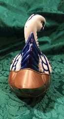 Vintage Mexican Tonala Ceramic Pottery Metal Brass Hand Painted Swan Duck Bird