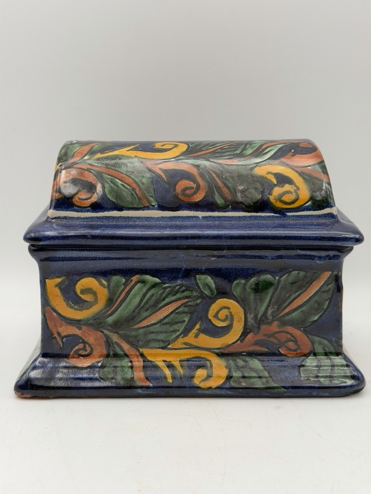 Vintage Mexican Folk Art Pottery Lidded Box Hand Painted Blue Floral Ceramic