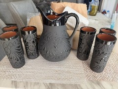 Mexican Pottery Water Sangria Pitcher Six Glass Set Black Ceramic w/ Flaw