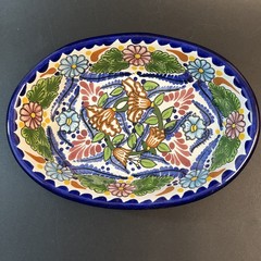 Bright Vtg Mexican Talavera Salsa Serving Bowl Hand Painted Floral 9″ Folk Art
