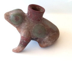 Vintage “Mexican Aztec Frog Candel Holder” / terra cotta / poly chrome.