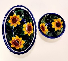 Set of 2 Mexican Pottery Signed Yellow Sunflower Bowls Cobalt Blue Oval & Round
