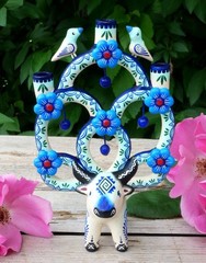 Tree of Life Candelabra Bull Birds Flowers Handmade Clay Mexico Folk Art Tiny Sz