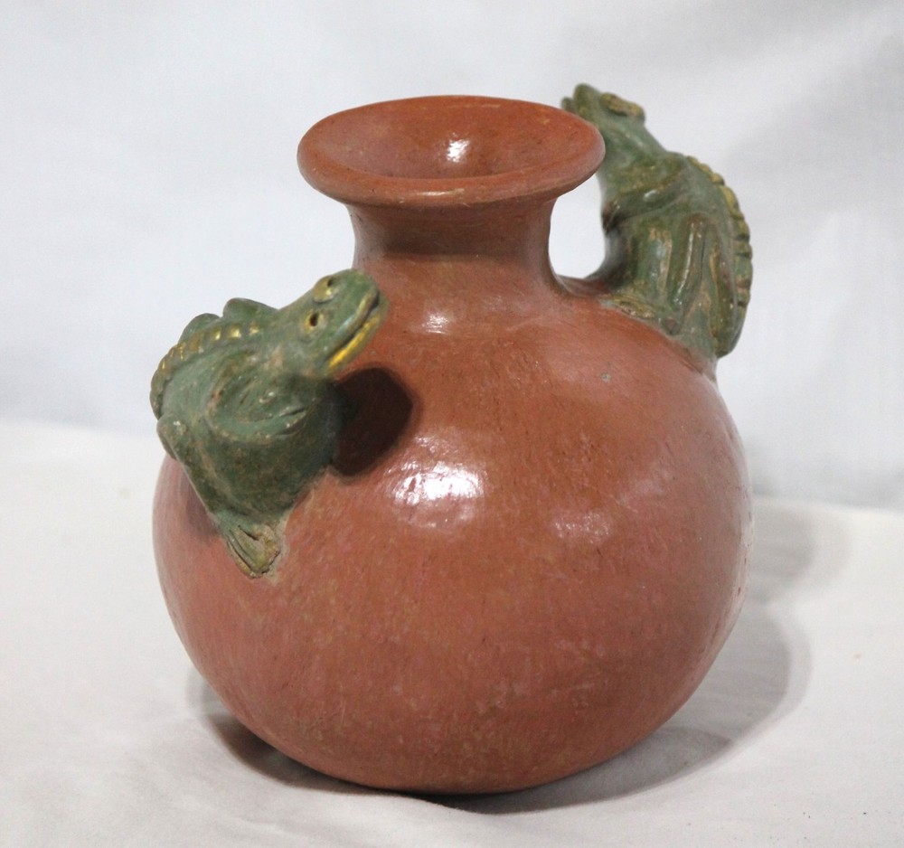 Unique Mexican red clay terracotta, folk art pot w/ frog handles