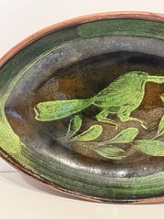Mid Century Michoacan Patamban Pottery Charger Plate Green Brown Glaze 12.5″