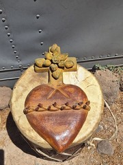 Mexican Folk Art Pottery Sacred Heart Crown of Thorns Religious Clay Cross