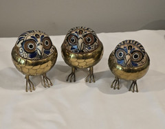 Brass Mexican Pottery Owls Set of 3 Signed Artist Alexander Blazquez MCM