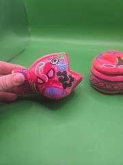 Talavera Pottery Folk Art Heart Trinket Box & Fish Pink Mexico Terracotta