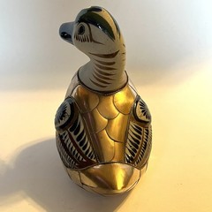 Vtg Tonala Mexico Pottery Duck Figurine Armored Brass Scales Hand Painted 5.5″ H