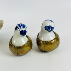 3 Vintage Tonala Mexican Folk Art Pottery Bird Figurines Brass Armored Ducks