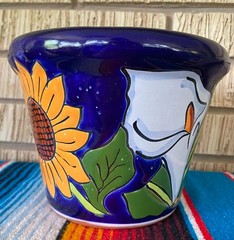 Lg MEXICAN TALAVERA Folk Art POTTERY SUN FLOWER POT PLANTER CERAMIC RARE #2