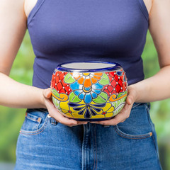 Set of 2 7″ Talavera Green Ceramic Flower Pots for Indoor/Outdoor Plants