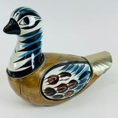 3 Vintage Tonala Mexican Folk Art Pottery Bird Figurines Brass Armored Ducks