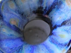 Mexican ceramic chiminea candle holder signed Reyna blue drip glaze tabletop 7½”