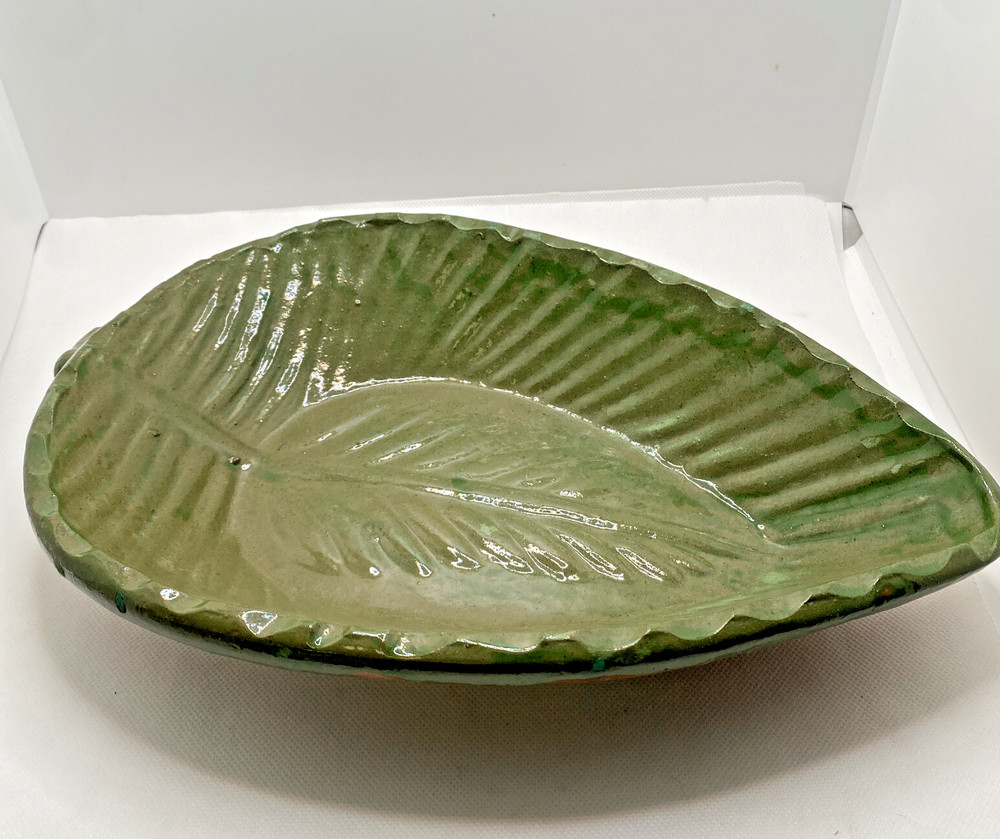 Pottery Leaf Shape Bowl Green Brown Mexican Ware Vintage