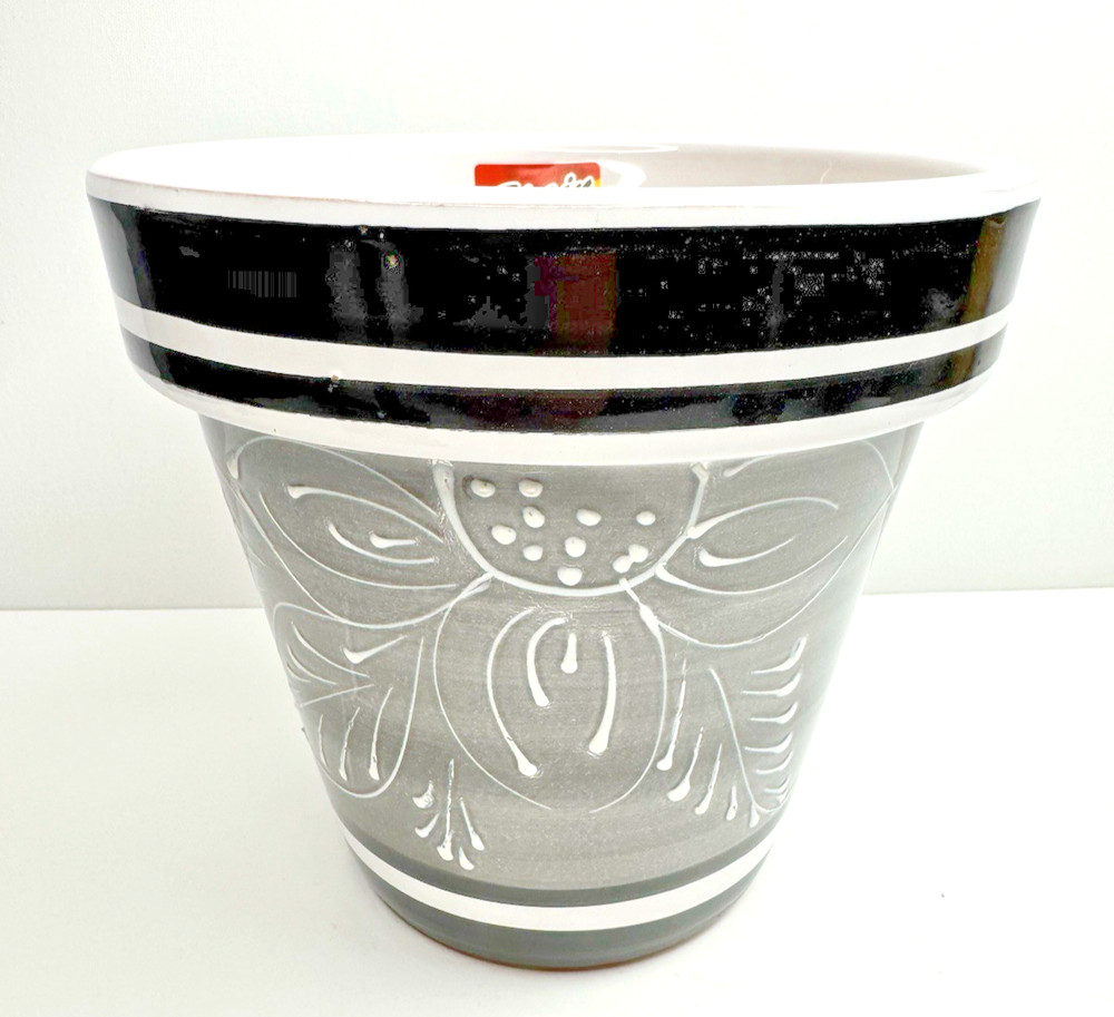 Hand Painted Black & White Talavera Pottery Flowerpot Planter Has Drainage Hole