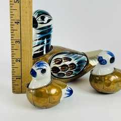 3 Vintage Tonala Mexican Folk Art Pottery Bird Figurines Brass Armored Ducks