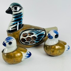 3 Vintage Tonala Mexican Folk Art Pottery Bird Figurines Brass Armored Ducks