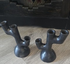 Pair Barro Candle Holders Oazaca Mexican Black Clay Folk Art Pottery Mexico