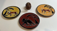 Set Of 3 Mexican Folk Art Animal Pottery Plates 4″ Round & Clay Cow with Bell