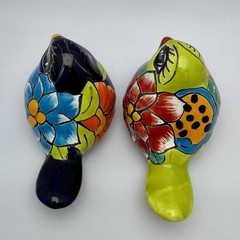 Talavera Ceramic Birds Pair Hand Painted Folk Art Mexico Vibrant Green & Blue