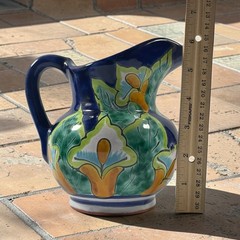 Contemporary Vtg Mexican Talavera Ceramic Pitcher Hand-Painted Dark Blue Floral
