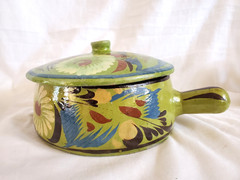 Vtg Mexican Talavera Handled Lidded Bowl Pottery Redware Floral Green