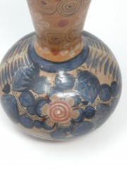 Vintage Barro Bruñido/Burnished Tonala Pottery Vase, Blue Floral on Red Clay