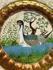 Estate Rare Mexican Hand Painted Ceramic Duck Plate W/ Brass & Copper
