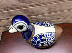 Mexican Tonala Ceramic And Brass Pottery Duck Decor Cobalt Blue Vintage 6″ x 5″