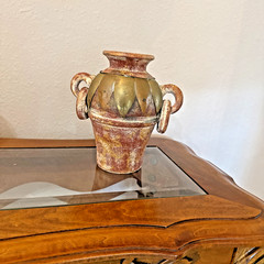 Vintage Mexican Terracotta Pottery Vase, Brass Copper Overlay Loop Handles, 8″