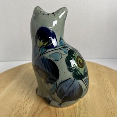 Vintage Tonala Cat Signed Hand Painted Floral Ceramic Mexico Folk Art Pottery
